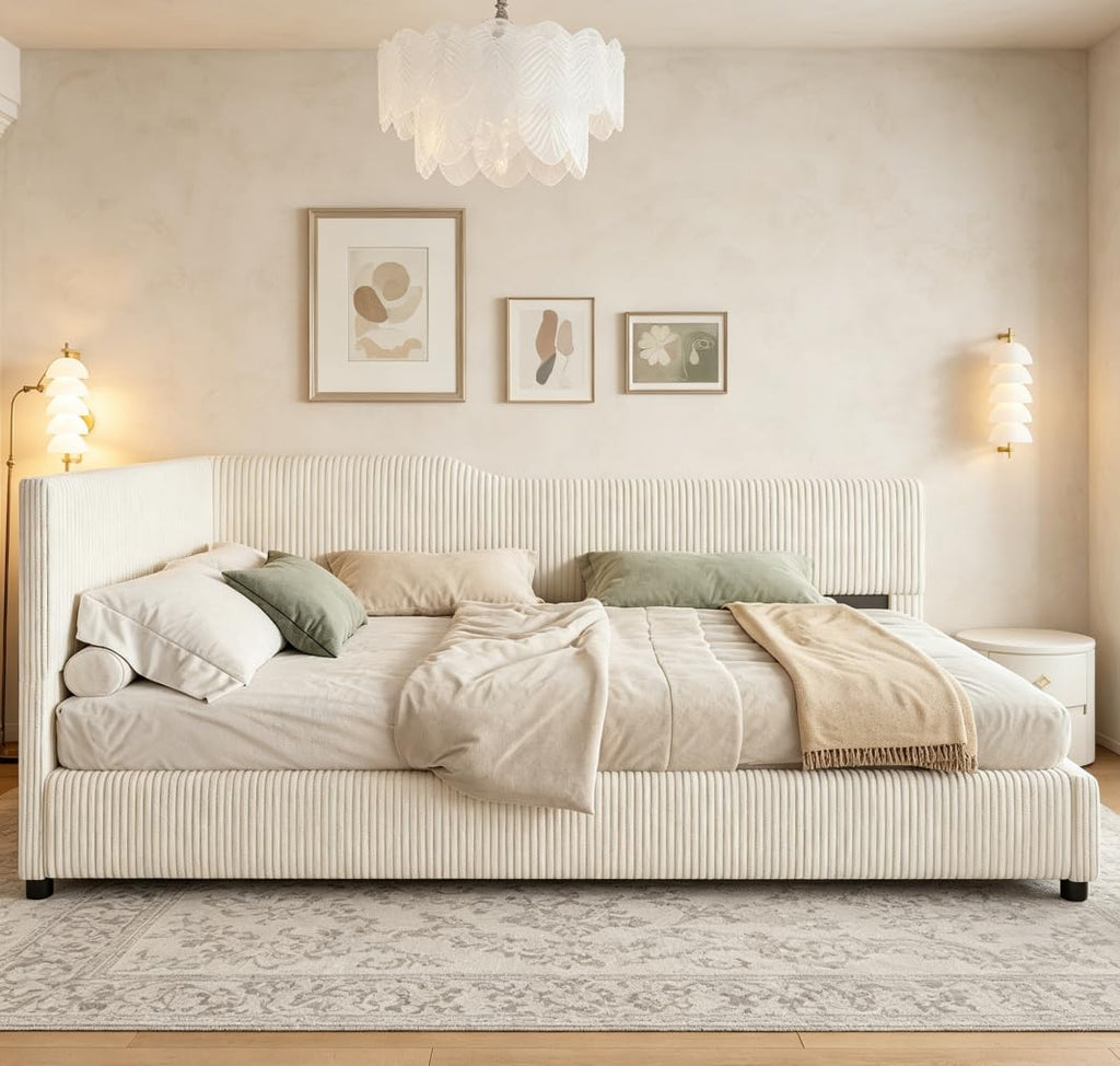 Full Corner bedframe with Comfortable backrest, Upholstered daybed, L-Shape daybed Living Room, Beige + Corduroy