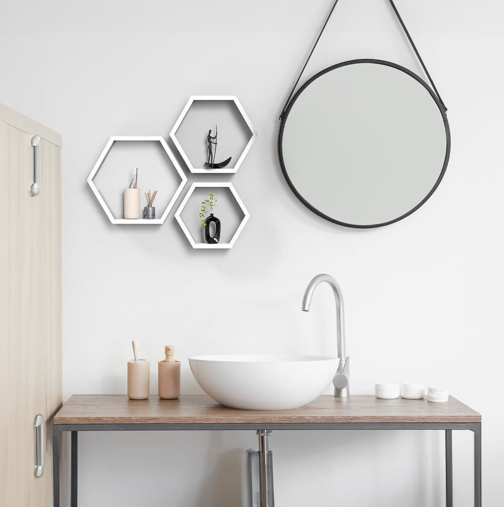 Hexagon Floating Shelves Set of 3, White Wooden Hexagon Shelves for Wall Decor, Modern Honeycomb Floating Hanging