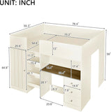 Full Loft Bed with Desk, Wood Full Loft Bed Frame with Built-in Wardrobe, Storage Shelves and Drawers, Beige