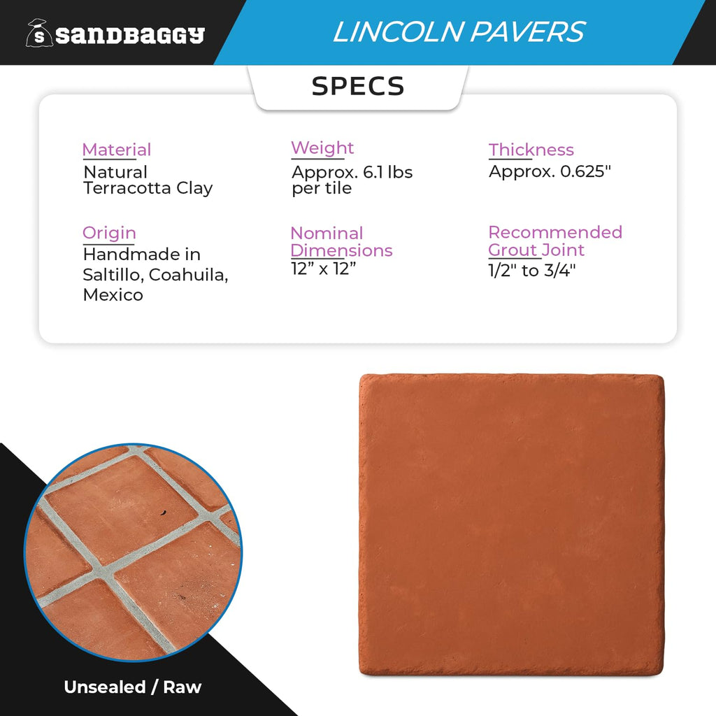 Lincoln Saltillo Tile 12x12 | Unsealed Handmade Square Mexican Terracotta Floor Tile - (12x12, 200, Count)