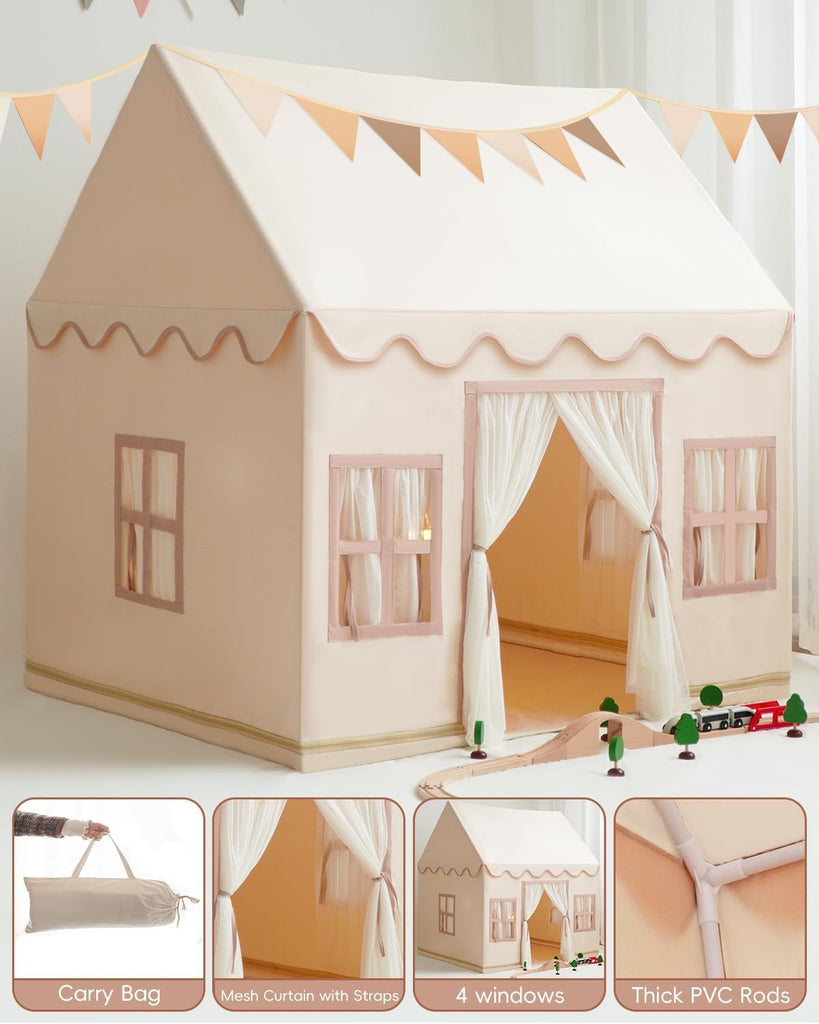 Large Kids Tent Playhouse Base Fabric with Star Lights, Flags and Tote Bags, Kids Play Tent Indoor & Outdoor