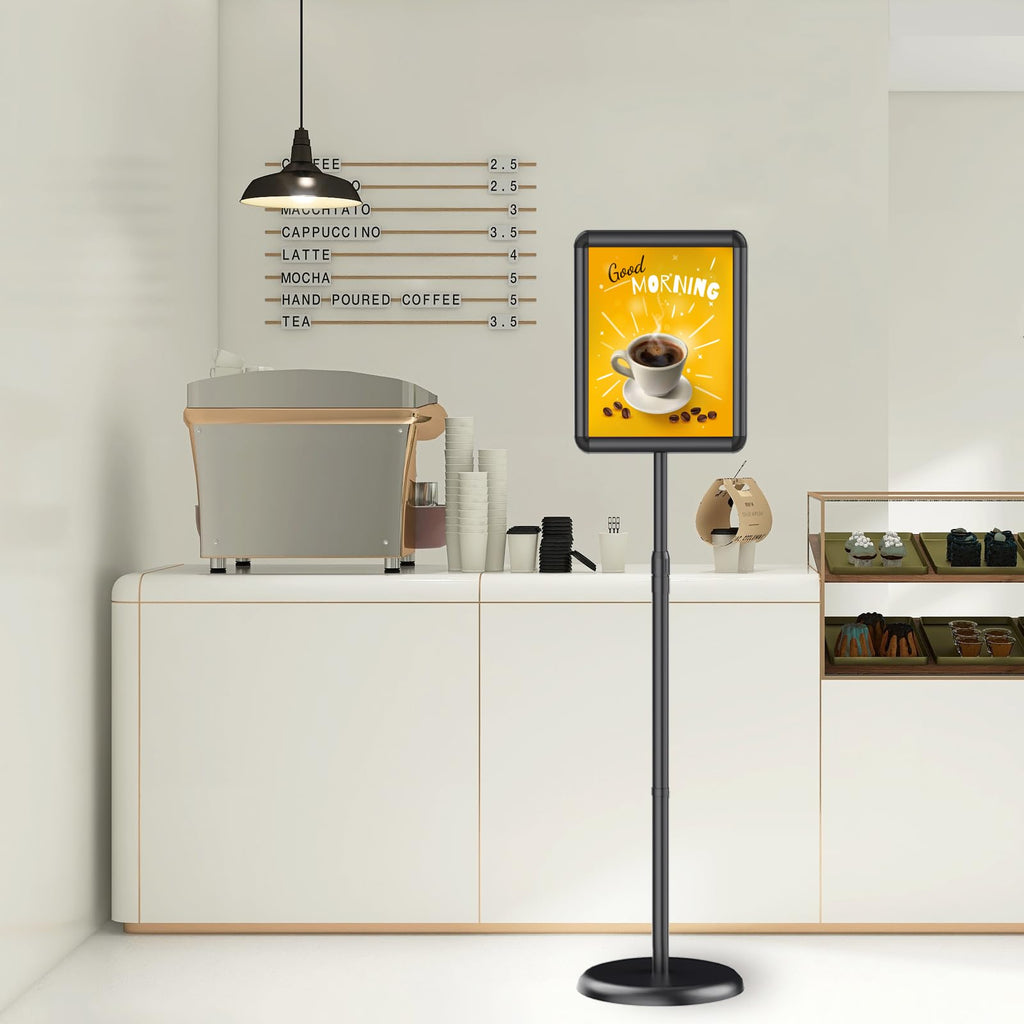 Adjustable Pedestal Floor Stand Sign Holder for 8.5*11 inches Poster or chalk board, Snap open frame, 360°
