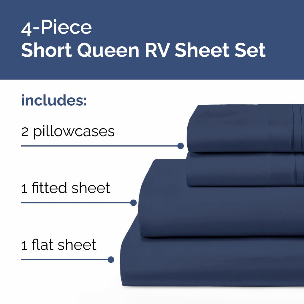 Short Queen Size 4 Piece Bed Sheet Set - RV Short Queen Sheets - Navy Blue