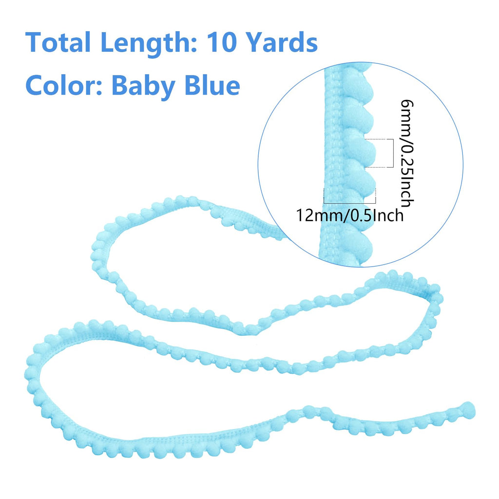 Pom Pom Trim, 1/2" Wide Baby Blue Ribbon, 6mm Balls - 10 Yards