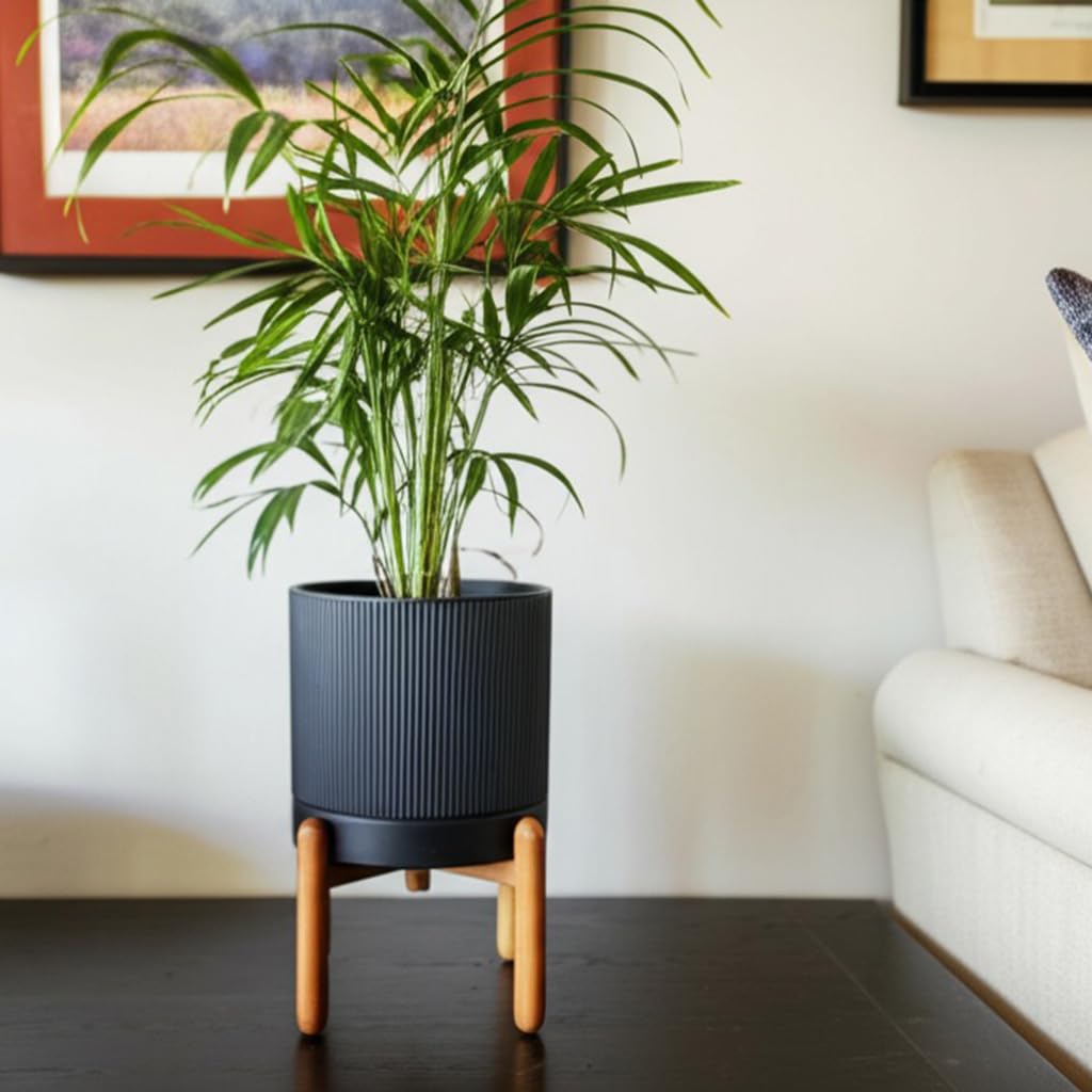 8 Inch Ceramic Planter with Natural Wood Stand w/Drainage & Saucer - Modern Indoor Planter for Cacti, Snake Plants &