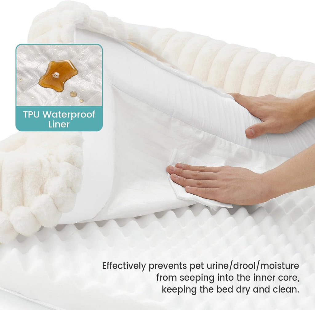 Faux Rabbit Fur Large Dog Bed - Orthopedic Foam Couch with Sides, Removable Washable Cover & Waterproof