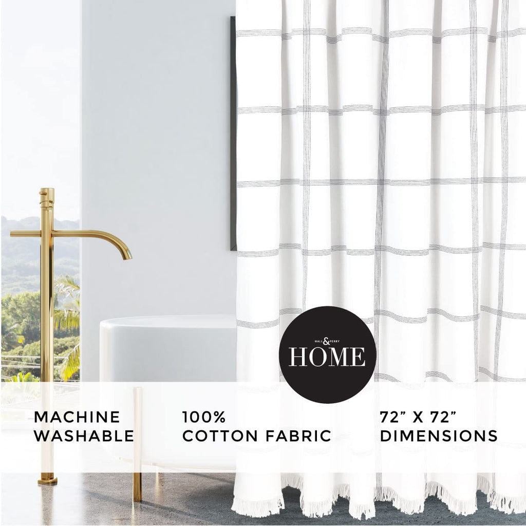Shower Curtain with Fringe Tassels in Ellis Design- White Fabric with Black Grid Lines 100% Cotton 72''x84'', Ellis