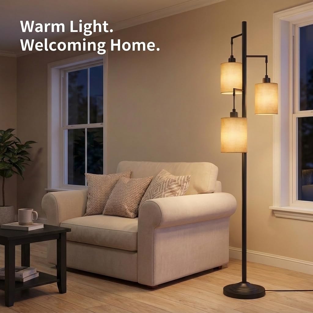 3 Lights Boho Floor Lamps with ON/Off Foot Switch Tree Standing Lamp with Hanging Lampshades Farmhouse Floor Lamp