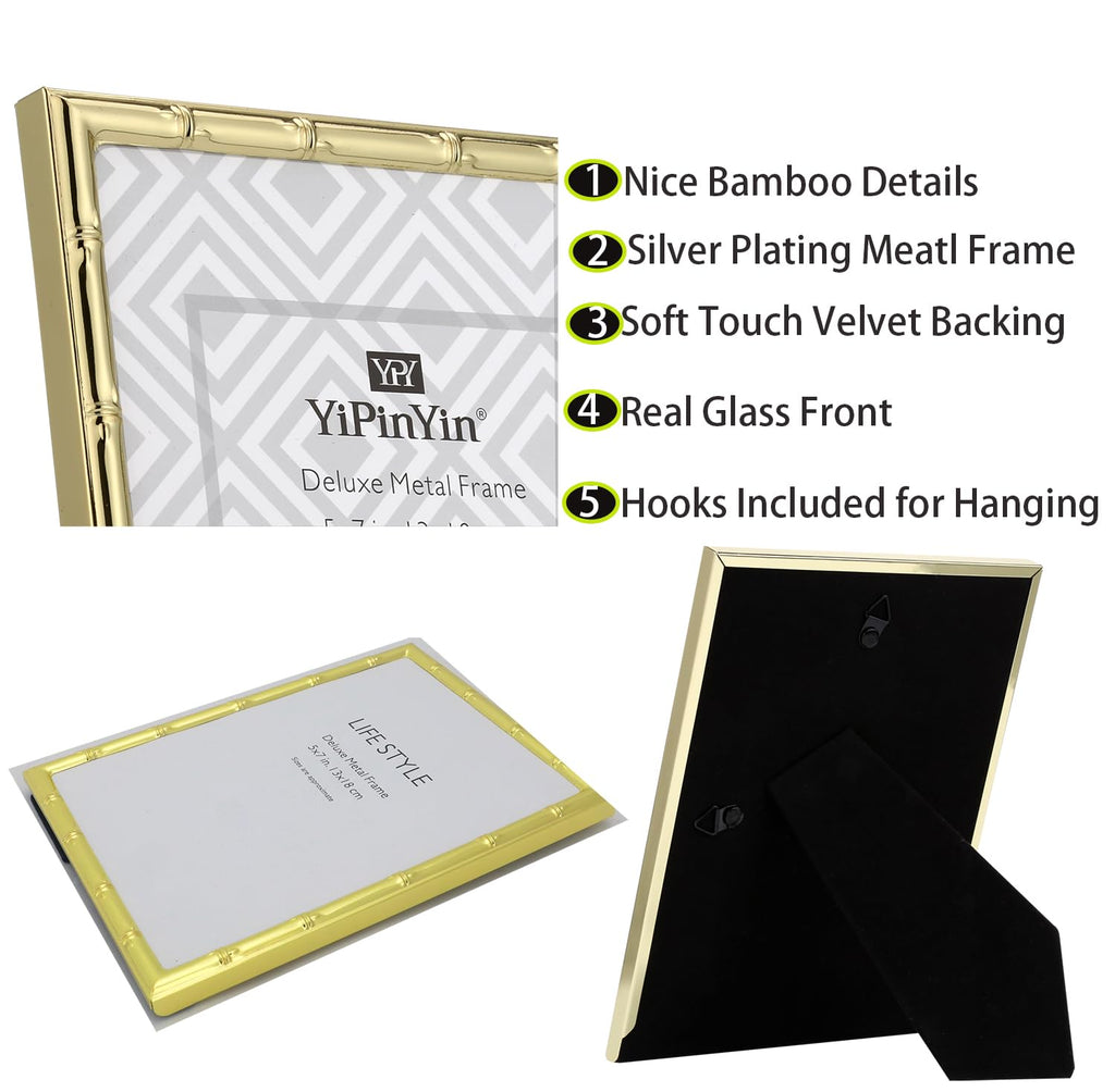 6x6'' Sqaure Gold Metal Picture Frame With Mat for 4x4'' Set of 2, Bamboo Detail Designs Gold Plated Photo Frames