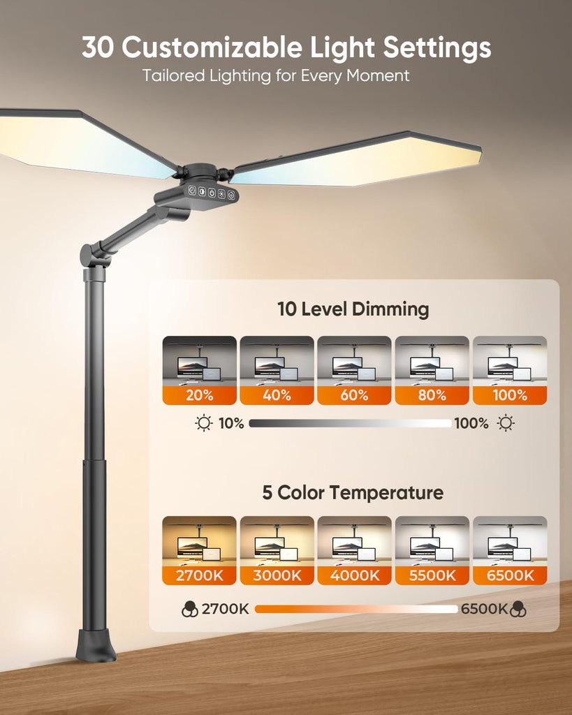 36W LED Desk Lamp with Clamp, Dual-Head Architect Lamp with Remote, Black