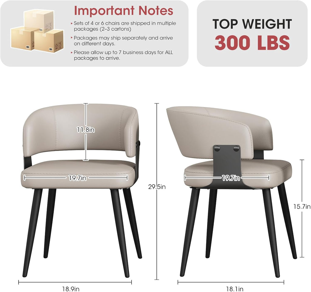 Modern Dining Chairs Set of 4, Upholstered Faux Leather Kitchen Chairs with Ergonomic Curved Open Back and Metal Legs, Warm Gray