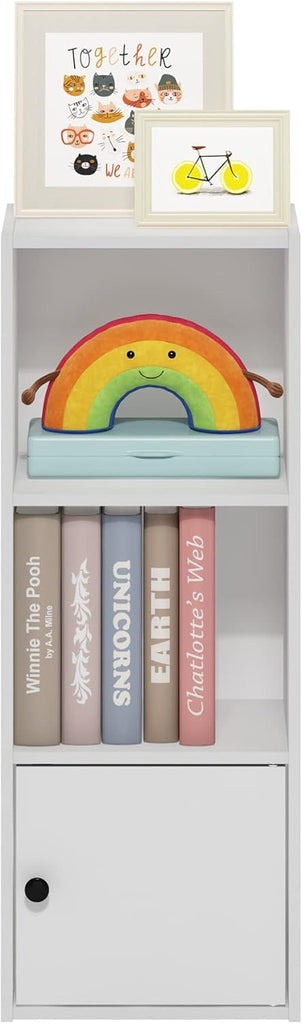 LUDER Book Shelf, 3-Tier Modern Bookshelf, Bookcase with 1 Door Storage Cabinet, 9.3 x 12 x 31.5