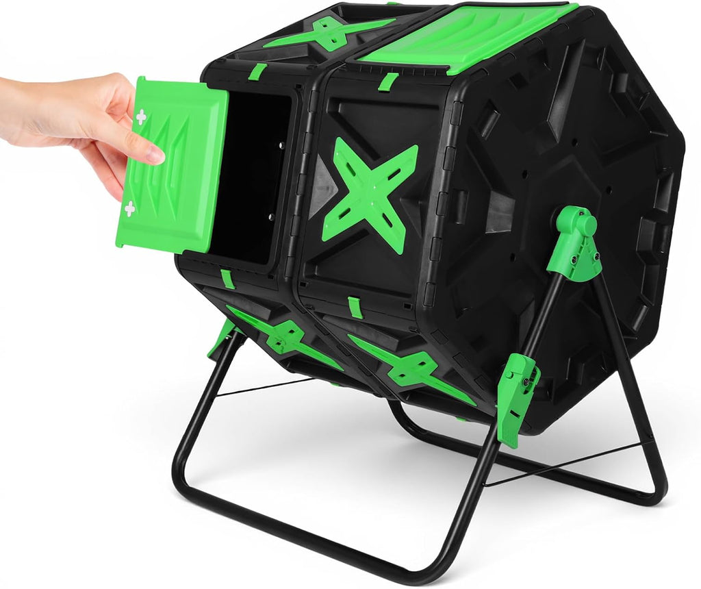 140L Dual Chamber Efficient Outdoor Compost Bin with Sliding Door 360 | Large Durable Plastic Dual Chamber Composter