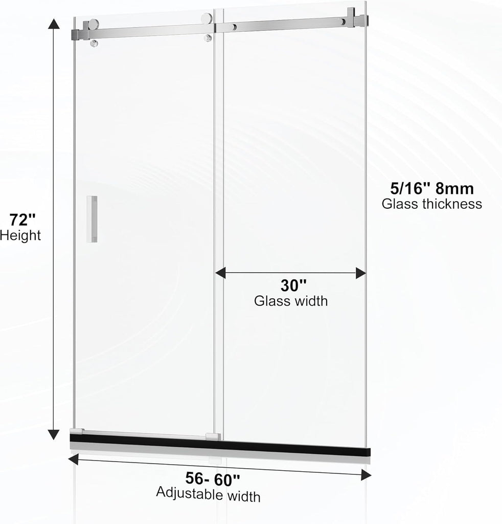 Shower Door, 56-60" W x 72" H Frameless Shower Door, Shower Glass Door with 5/16" (8mm) Clear SGCC Tempered Glass