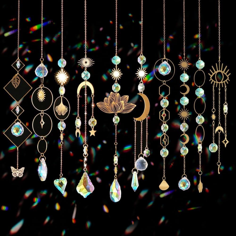 Sun Catchers, 10 Colorful Crystal Suncatcher with Chain Pendant Ornaments - Hanging Crystals Prism Rainbow Maker for