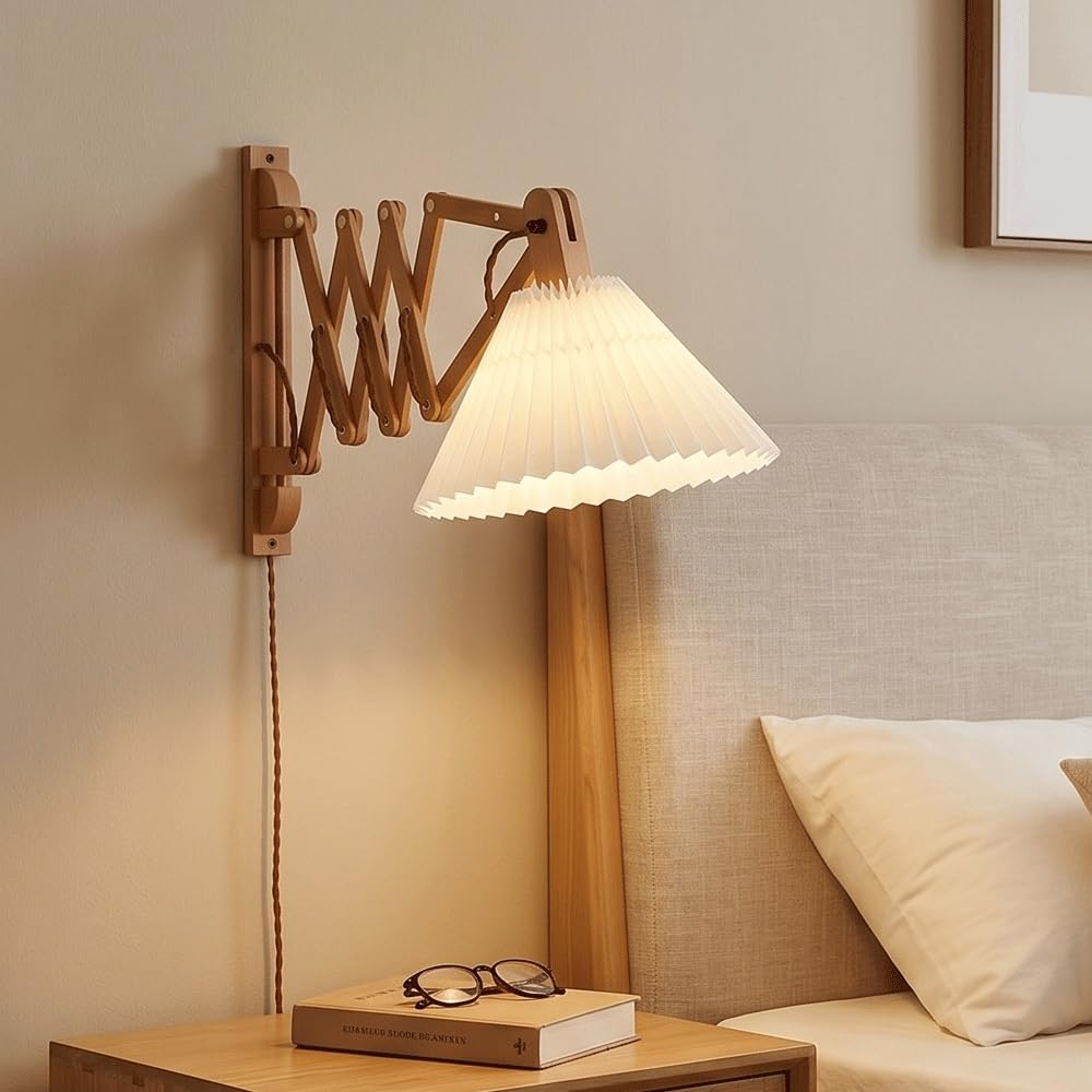 Extendable Wood Wall Sconce with Pleated Shade,Mid-Century Accordion Swing Arm Wall Lamp Reading and Living Room Decor