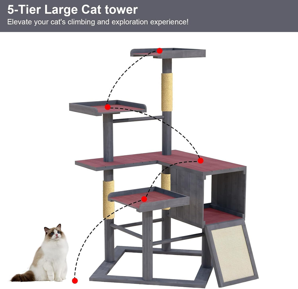 Outdoor Cat Tree for Large Cats, Weatherproof Solid Wood, 48"x43"x67"