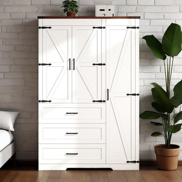 70" Tall Wardrobe Closet with 3 Doors & 3 Drawers, Farmhouse Armoire with Hanging Rod, Wooden Armoire Wardrobe Closet