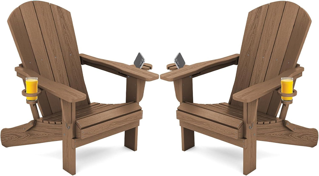 Outdoor Adirondack Chair Set of 2 with 2 Cup Holders,Foldable,Brown | HDPE Composite,Waterproof,Wood Grain,Cup &
