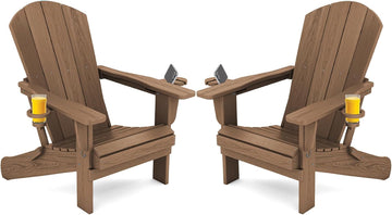 Outdoor Adirondack Chair Set of 2 with 2 Cup Holders,Foldable,Brown | HDPE Composite,Waterproof,Wood Grain,Cup &