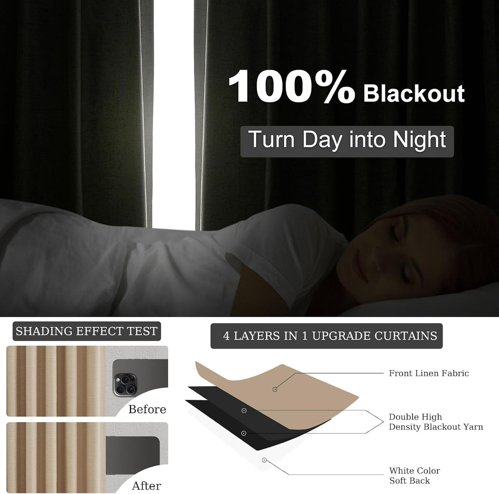 Light Taupe Blackout Textured 90 Inch Long Linen Blend Curtain Draperies Pinch Pleat Back Tab with Hooks Energy