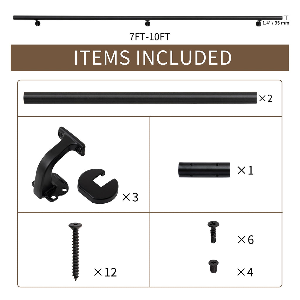 10FT Handrails for Indoor Stairs, Deck, Slope, Modern Aluminum Handrail Set, wall Mounted, with Zink-Alloy Brackets