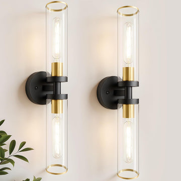 Wall Sconces Set of Two, Black and Gold Bathroom Wall Sconces with Clear Glass,Hardwired Modern Sconces Wall Decor