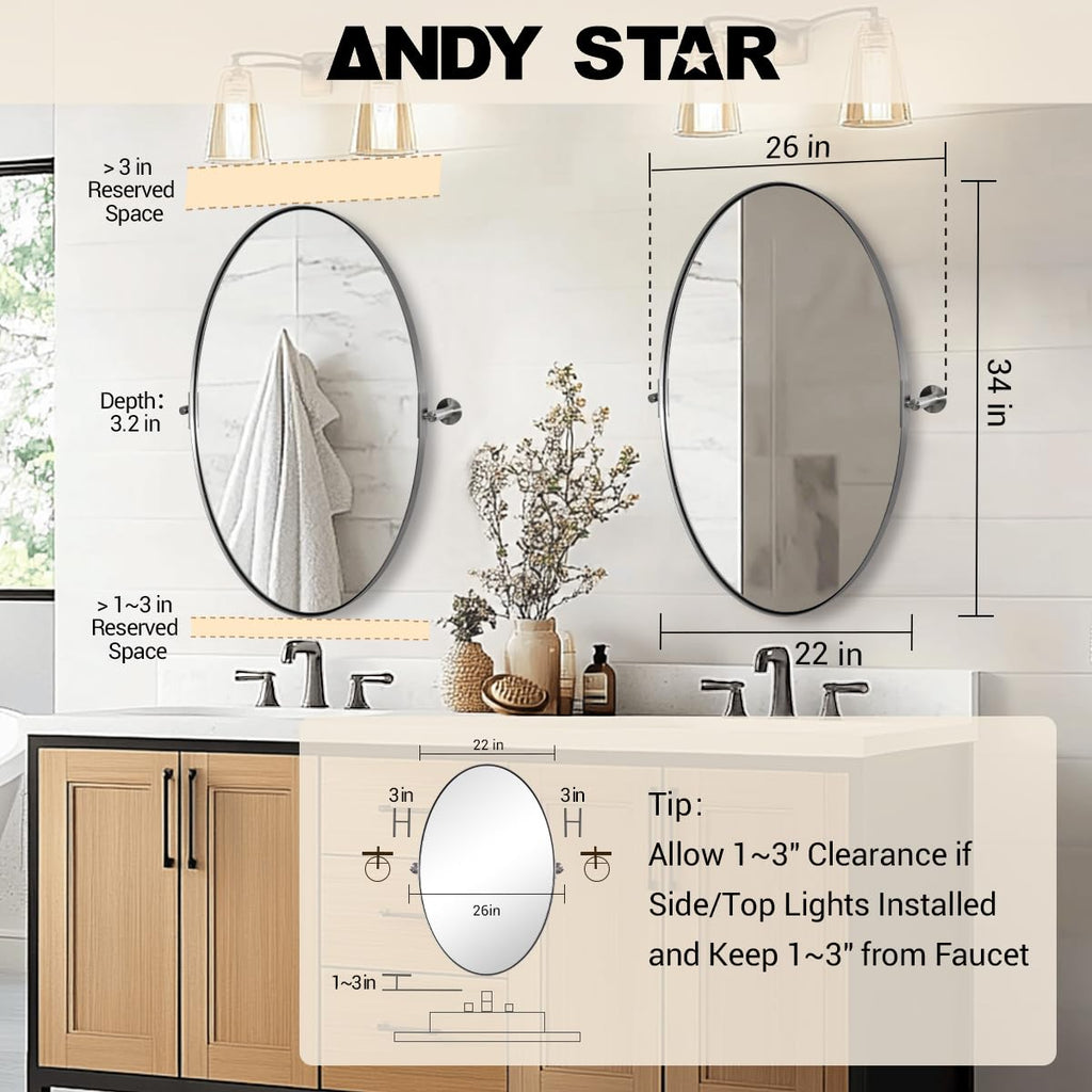 Brushed Nickel Bathroom Mirror, 22 x 34 Inch Oval Pivot Mirror for Wall, Unique Farmhouse Tilt Mirror in Slim Silver