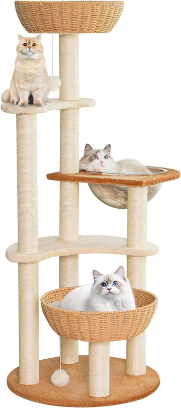 55.5-Inch Modern Cat Tree for Large Cats with Woven Basket Beds