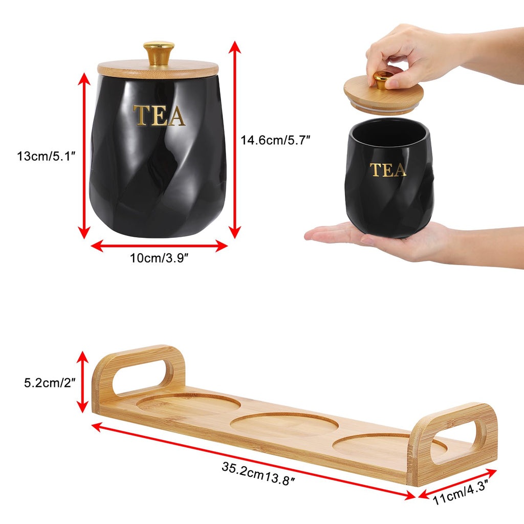Set of 3 Ceramic Coffee Sugar Tea Canister Set with Lid and Tray