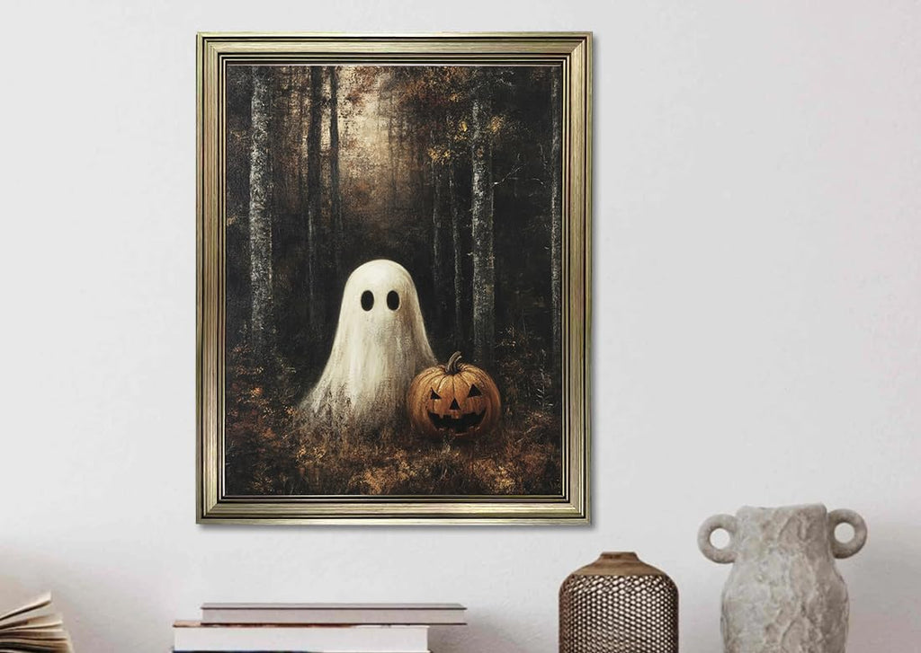 Framed Vintage Halloween Painting Dark Forest With Ghosts Wall Art Rustic Farmhouse Canvas Print Farmhouse Picture