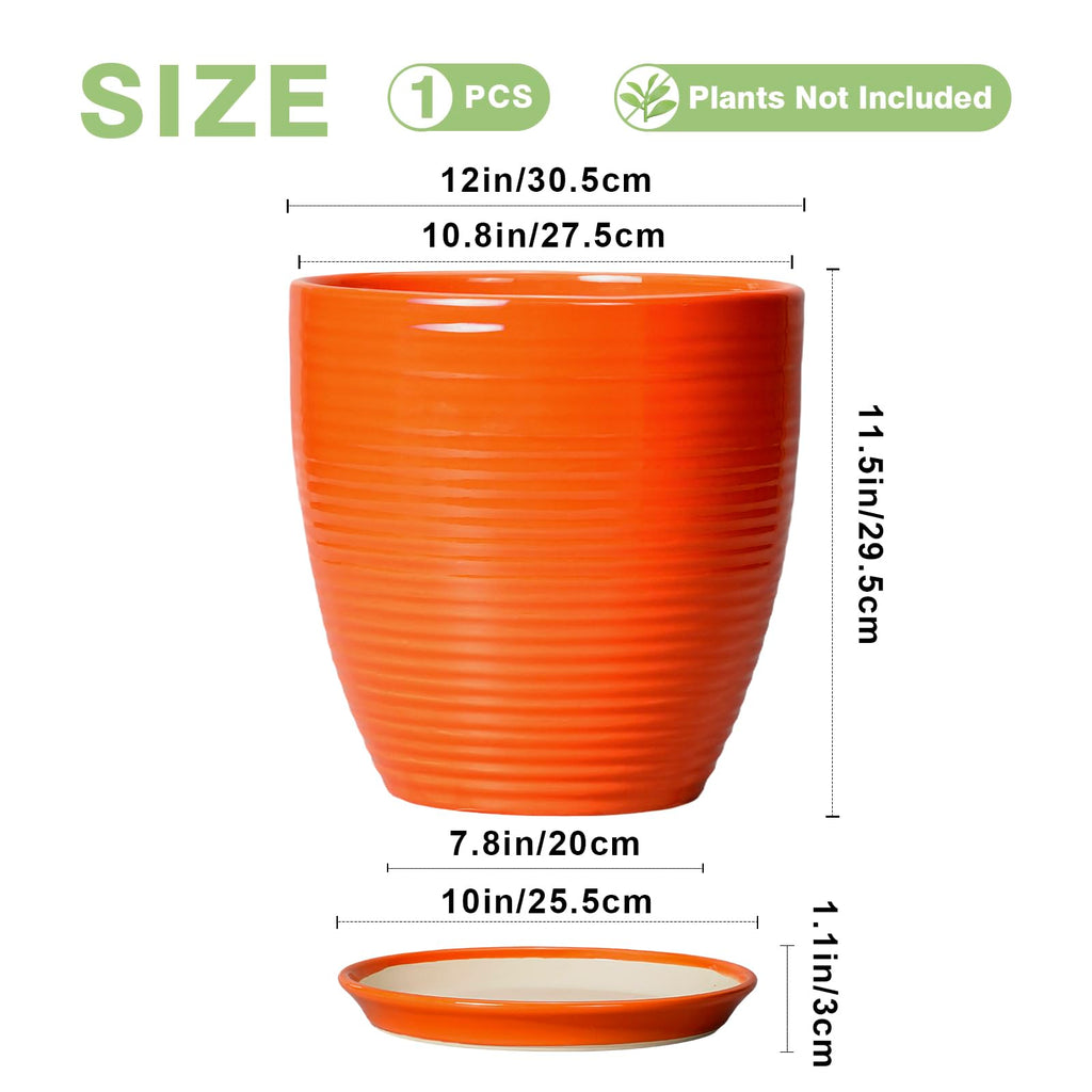 12 Inch Plant Pot, Ceramic Planters for Plants with Drainage and Saucer, Orange