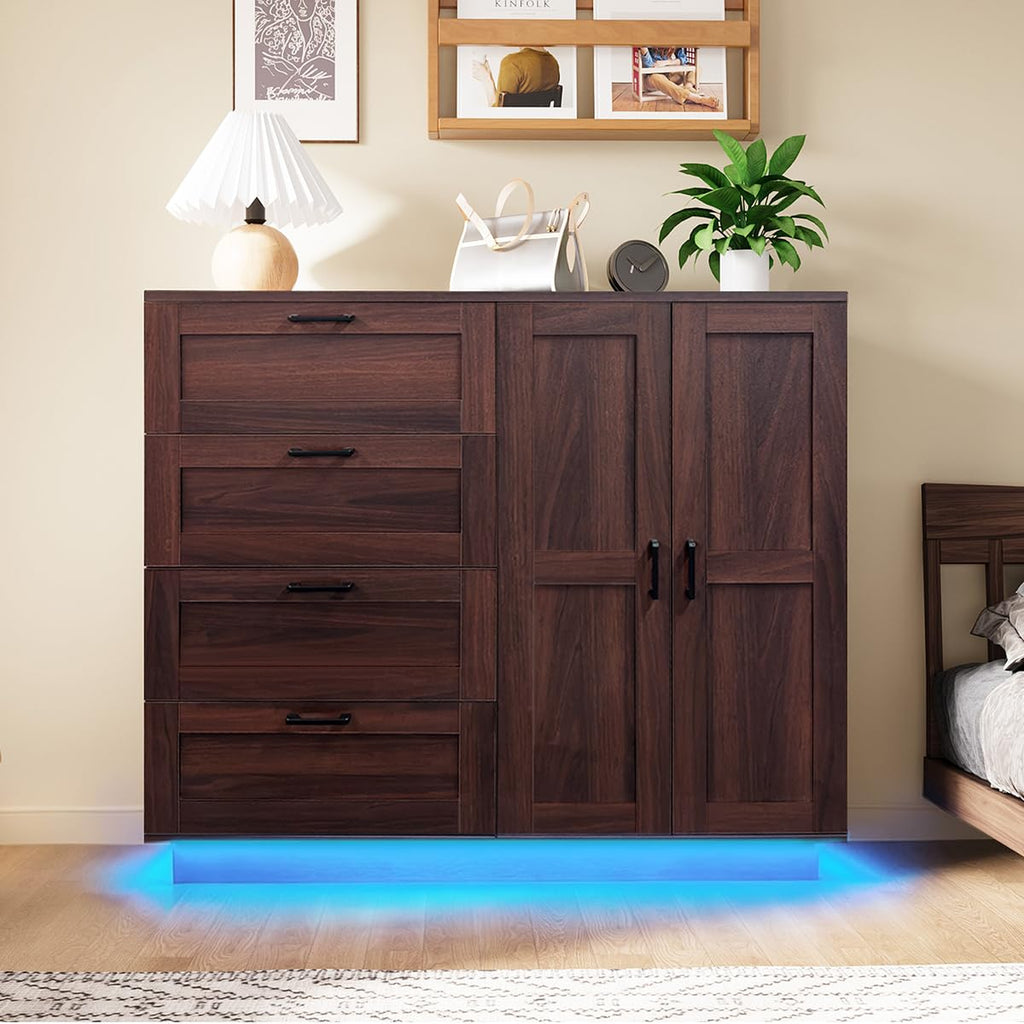 43.3'' H LED Bedroom Armoire with Drawers and 2 Doors, Farmhouse Wooden Armoire and Wardrobe Cabinet, Closet with