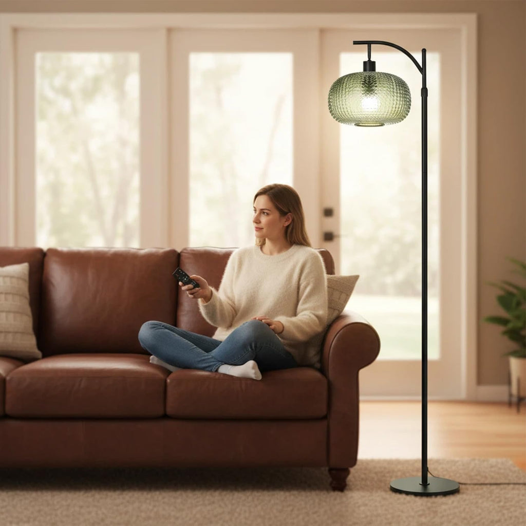 Dark Green Floor Lamps, Black Floor Lamp with Remote Control & Green Lampshade, Arc Flower Lamp Dimmable Mid Century