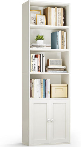 Bookshelf and Bookcase with Doors, Floor Standing 6-Tier Shelf Display Storage Shelves, Tall Bookcases, White