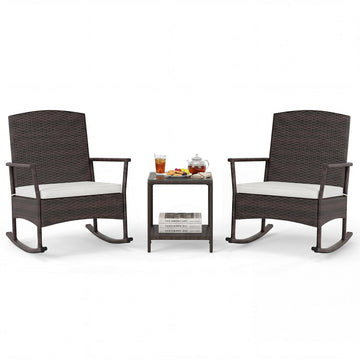 3 Pieces Rocking Wicker Bistro Set, Outdoor Front Porch Rocker Chairs Conversation Set with 2-Tier Tempered Glass