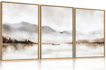 Neutral Abstract Mountain Framed Canvas Print Wall Art Set-24"x36"x3
