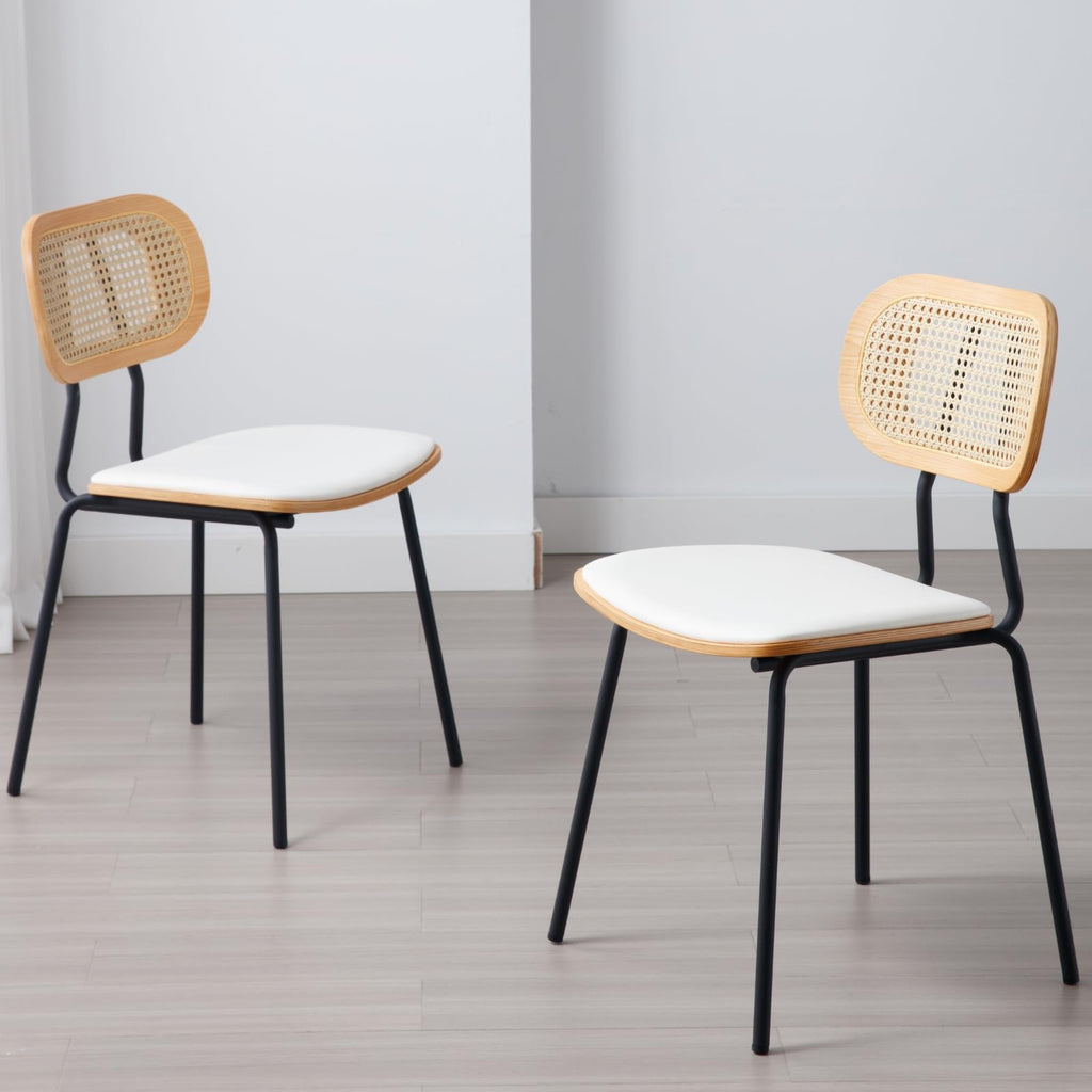 Mid-Century Modern Rattan Cane Back Dining Chairs Set of 2 - PU Leather Upholstered Seat, Black Metal Legs, Kitchen