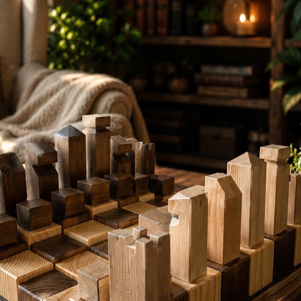 Handmade Wooden Chess Set 40x40 cm, 3D City Skyline Chess Board with Architectural Chess Pieces, Rustic Wood Strategy