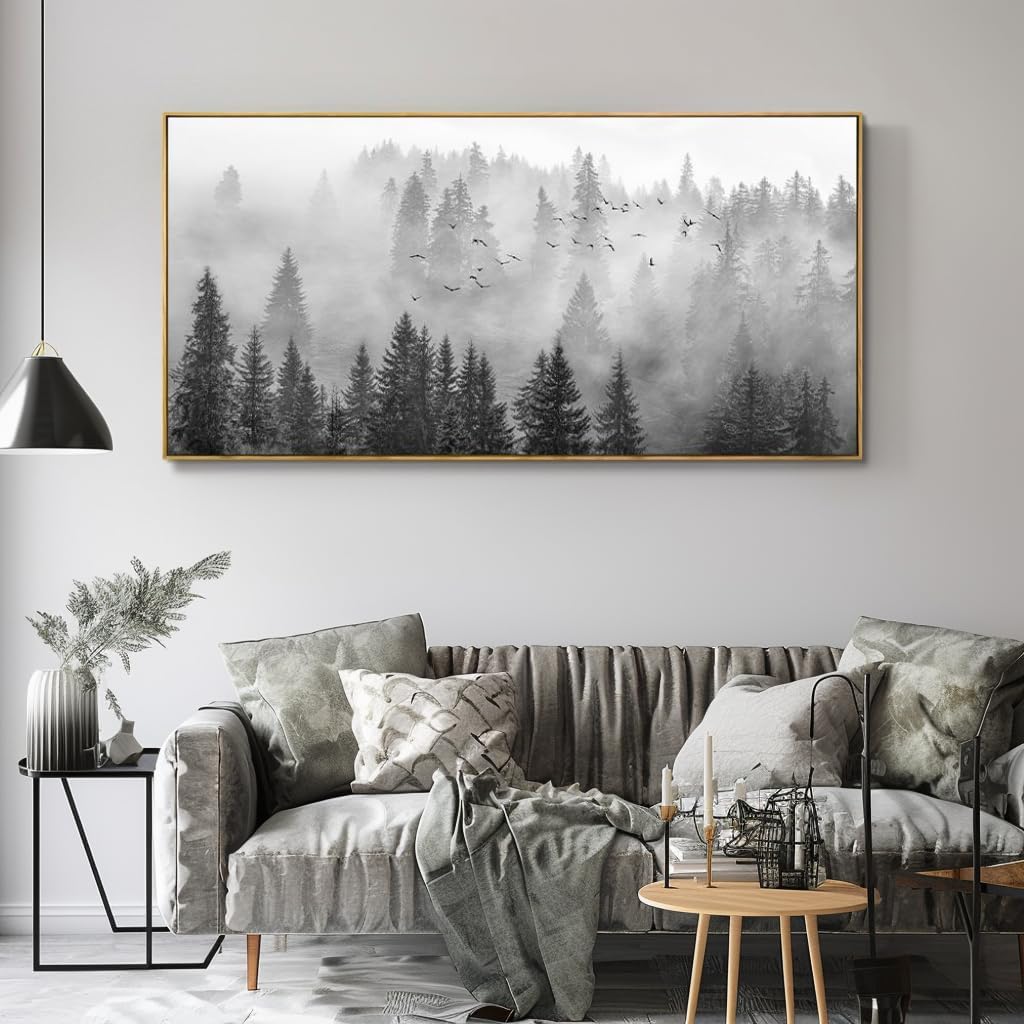 Framed Ready to Hang Wall Art Foggy Forest Black and White Wall Art Nature Landscape Mountain Photographic Printed on