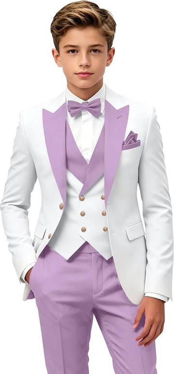 Boys Tuxedo Suit 3 Piece Formal Slim Fit Ring Bearer Suit for Wedding Double Breasted Jacket Vest Pants Dresswear Set
