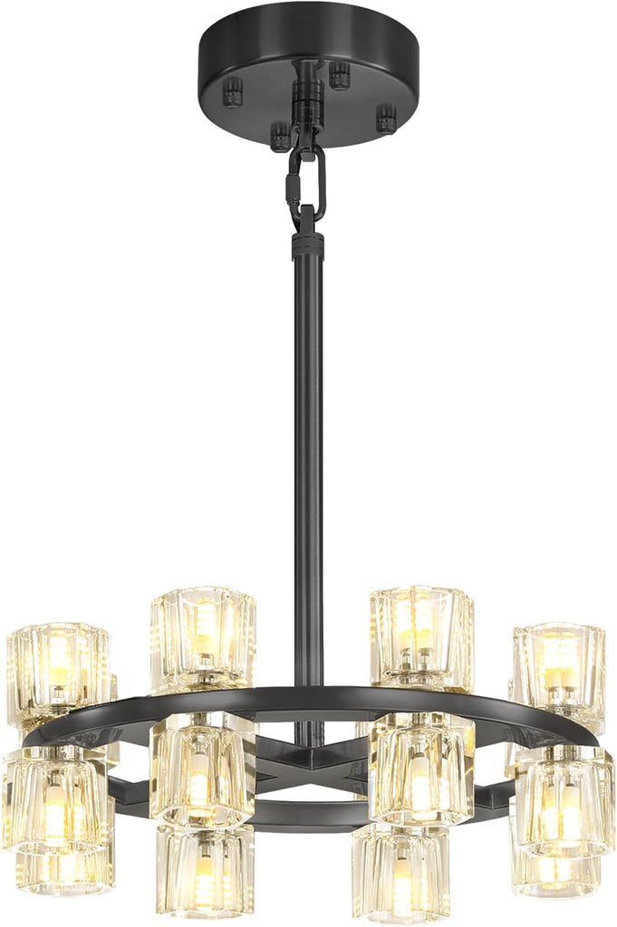 Inspired Arcachon Style Round Wagon Wheel Chandelier, 16" 16-Light Black — Foyer, Dining & Living Room