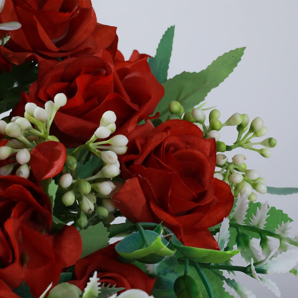 Artificial Rose Silk Hydrangea Flowers Bouquets with Vase Rustic Fake Flowers Decoration Table Centerpiece(Claret Red)