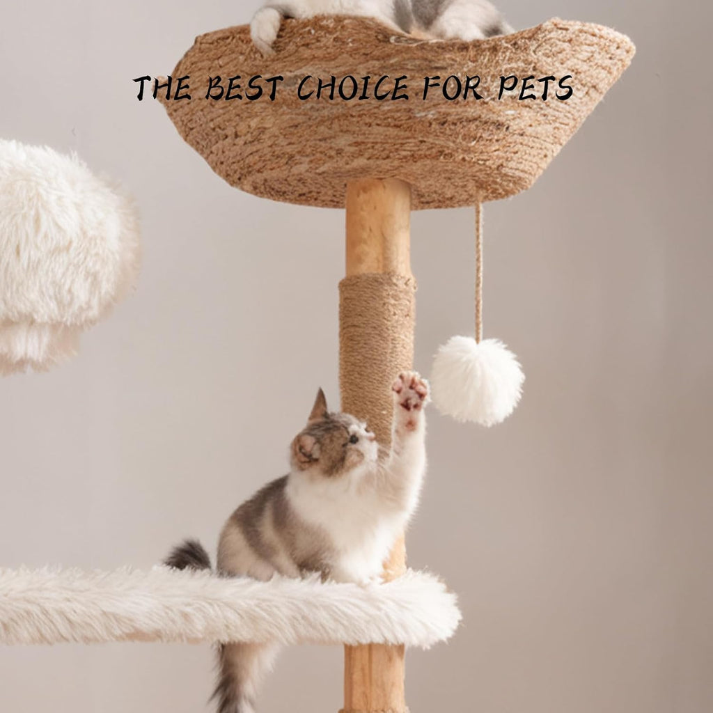 Modern Cat Tree Tower for Indoor Cats, 51" Tall Natural Solid Wooden Cat Tower with Sisal Scratching Post, Luxury Cat