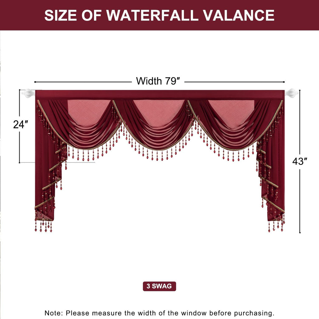 Burgundy Red Waterfall Curtains Valance, Soft Touch Silky Textured Voile Curtain Window Panels, 1 Piece Vintage