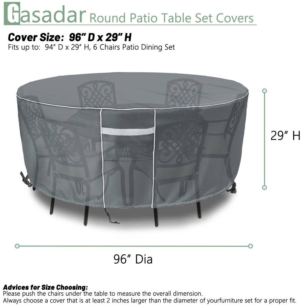 Round Patio Table Cover Waterproof, Outdoor Furniture Covers for Round Table Set, 600D Heavy Duty, 96" Dia x 28" H