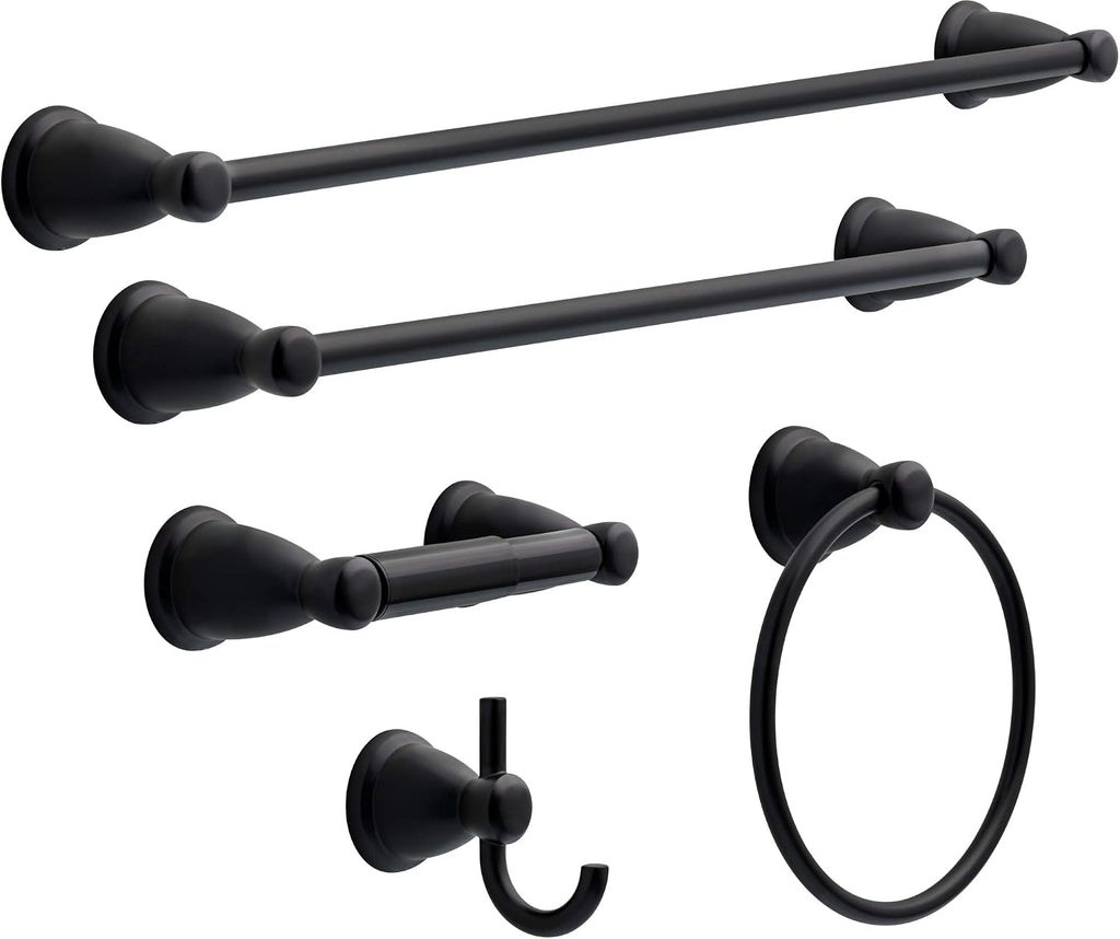 5-Piece Matte Black Bathroom Set (2) Towel Racks, Ring, Toilet Paper Holder, Hook | Kinla Bath Accessories