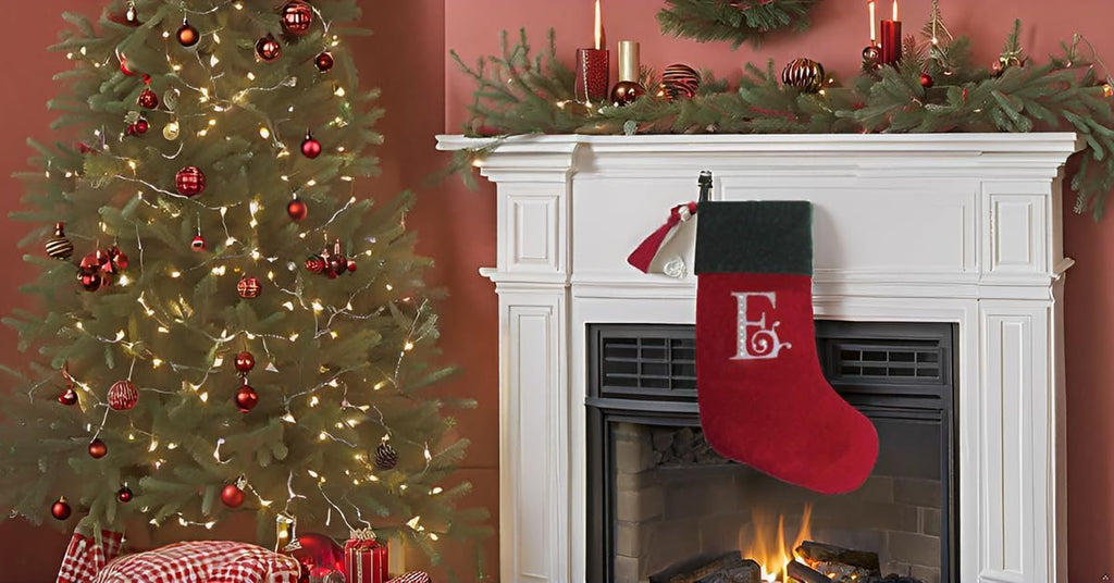 Red and Green Velvet Rhinestone Monogram Christmas Stocking - E