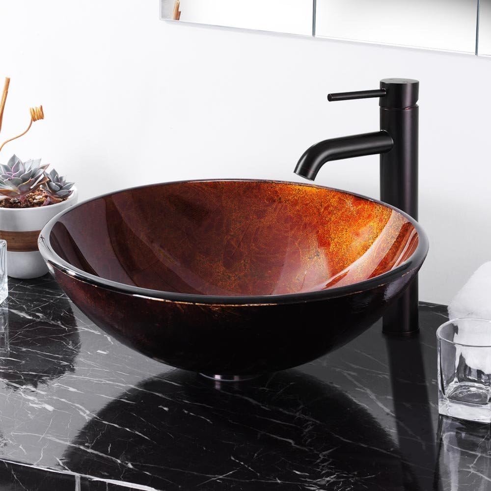 Aquaterior Tempered Glass Bathroom Vessel Sink Artistic Round Vanity Bowl Basin Spa Arts & Crafts