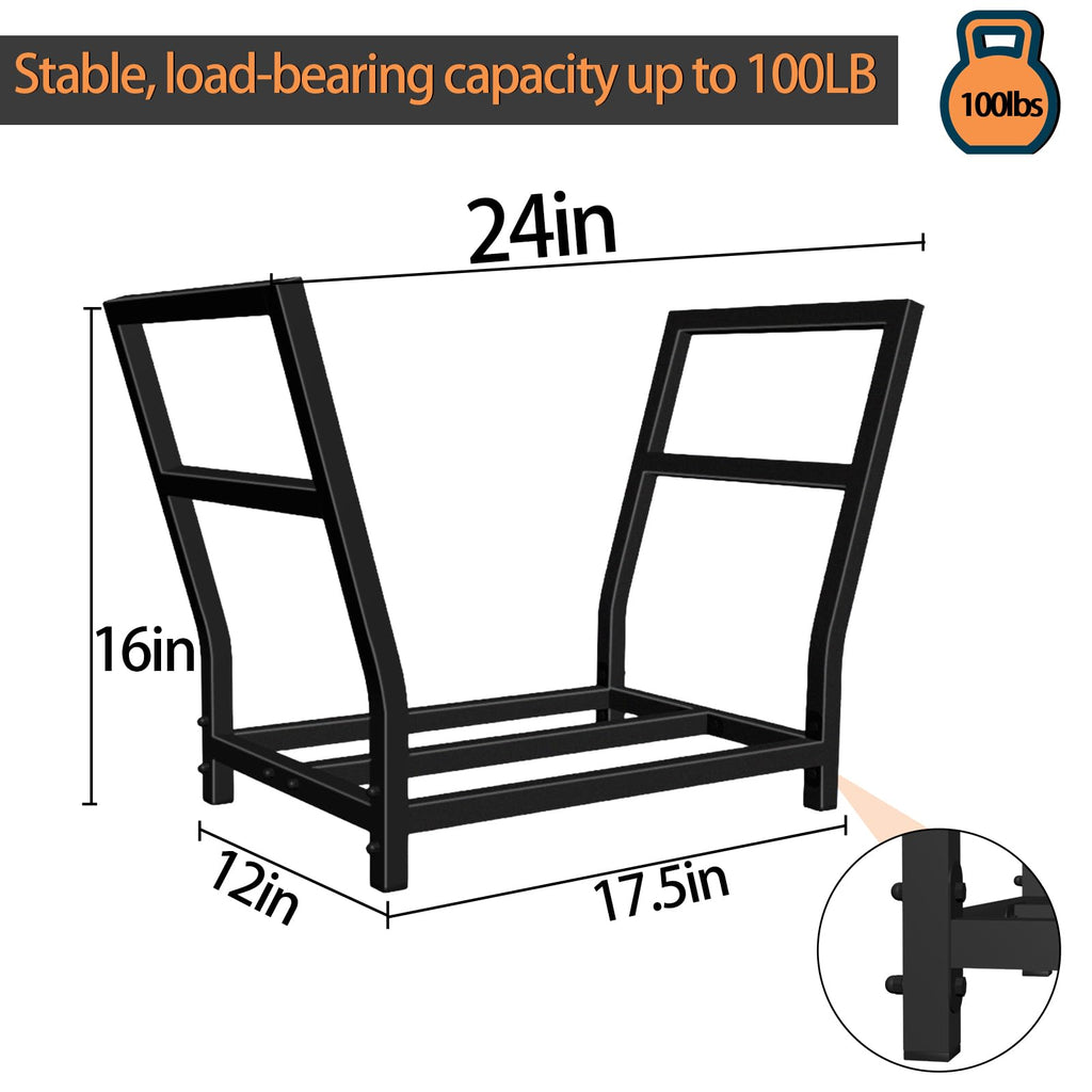 24in Small Firewood Rack Metal Indoor Log Holder for Fireplace, Outdoor Patio, Fire Pit, Stove - Black